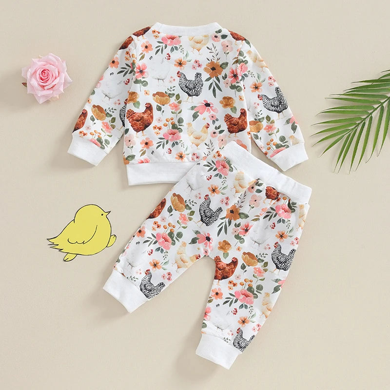 Autumn Toddler Baby Girl Fall Clothes Set Flower Print Long Sleeve Tops Elastic Waist Pants Outfit Clothes
